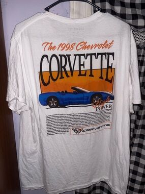 Chemistry White Corvette 1998 Graphic Tee with Blue & Orange Print